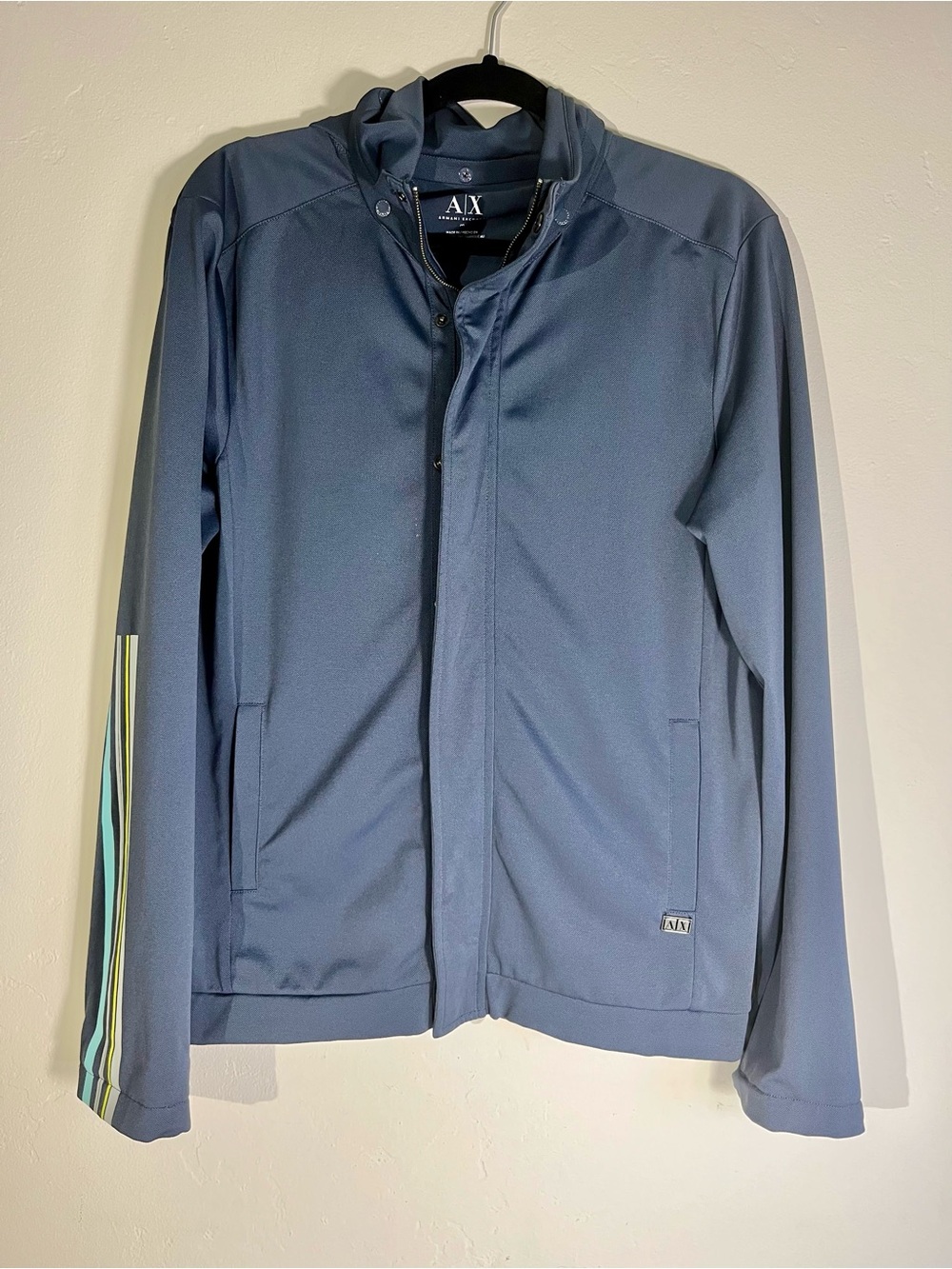 Armani Exchange Men's Slate Blue Lightweight Hooded Jacket with Striped Sleeve M